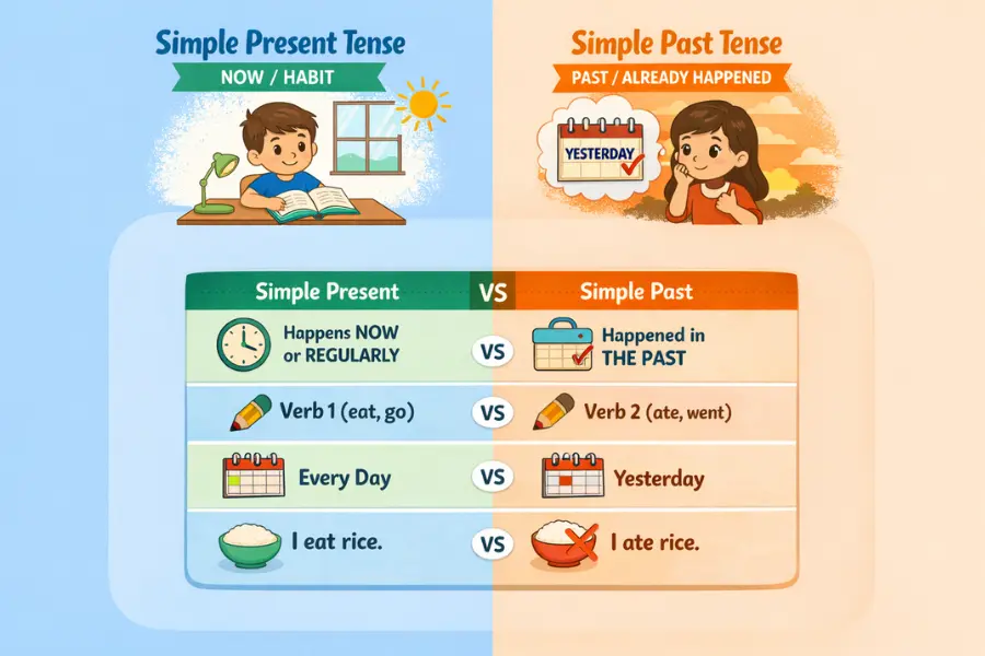 perbedaan simple present tense dan simple past tense